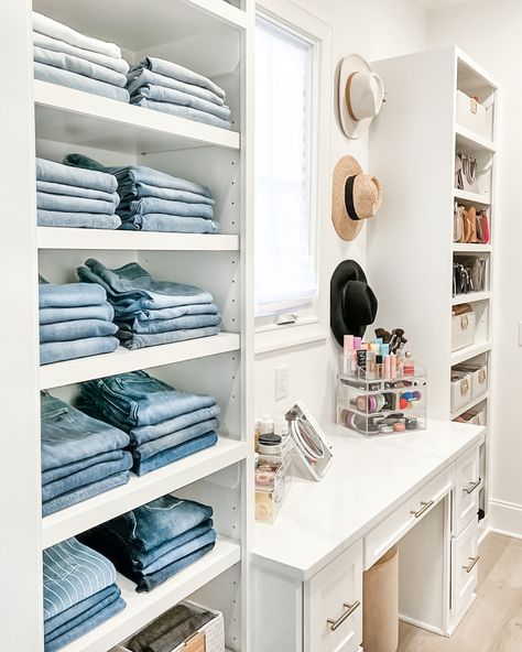 Denim Bar Closet, Cube Shelf Ideas Closet, Denim Closet Organization, Jeans In Closet Organize, Closet Jeans Organization, Jeans Organization Closet, How To Organize Jeans In Closet, Makeup Closet Room, Organize Jeans In Closet