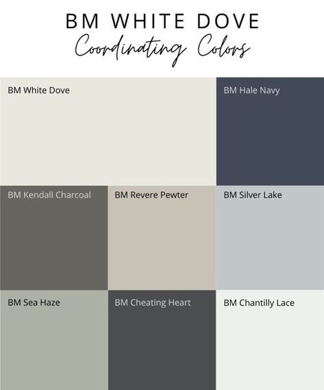 Benjamin Moore White Dove Exterior House, Dove White Color Palette, White Dove Colour Palette, White Dove Palette, What Colors Go With White Dove, White Dove Paint Palette, White Dove Benjamin Moore Complimentary Colors, Benjamin Moore White Dove Complimentary Colors, Benjamin Moore Lake House Colors