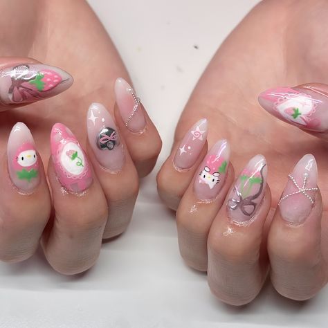 hello kitty strawberry field ˶ᵔ ᵕ ᵔ˶ ℹ️ book gelx manicure with tier four art! Hello Kitty Strawberry, Strawberry Field, Hello Kitty Nails, Cat Nails, Strawberry Fields, Manicure, Hello Kitty, Kitty, Nails