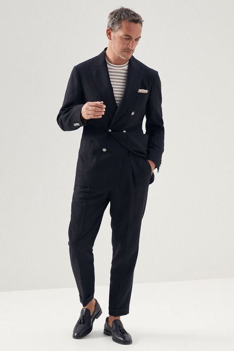 Loafers Mens Outfit, Navy Blazer Outfits Men, Double Breasted Blazer Men, Navy Blazer Outfits, Loafers Men Outfit, Navy Pinstripe Suit, How To Wear Loafers, Brown Suede Loafers, Blazer Outfits Men