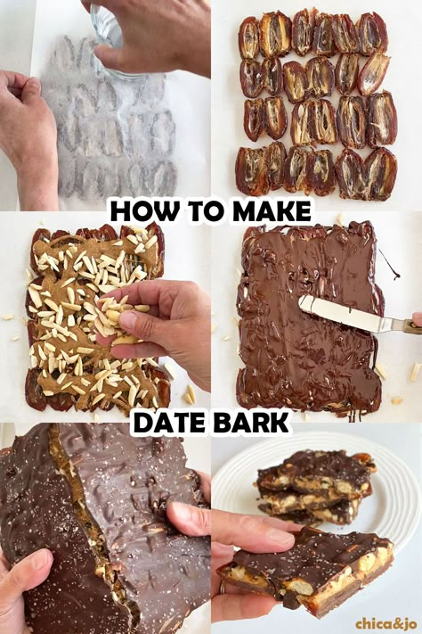 how to make date bark Chocolate Date Bark, Viral Date Bark, Date Bark Recipe Healthy, Paleo Date Recipes, Easy Date Dessert Recipes, How To Make Chocolate Bark, Date Chocolate Bark, Date Bark Recipe, Date Bark