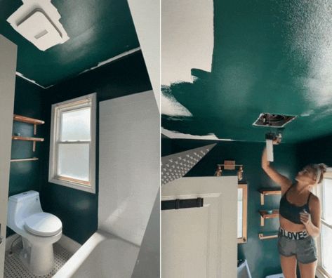 Cozy Green Bathroom Transformation: Painted Walls & Ceiling Dark Green Bathroom Walls And Ceiling, Ceiling Painted Bathroom, Dark Ceiling Light Walls Bathroom, Dark Green Bathroom Ceiling, Bathroom Ceiling Painted Same As Walls, Small Bathroom Painted Ceiling, Painted Bathroom Ceiling Ideas, Green Bathroom Ceiling, Dark Bathroom Ceiling