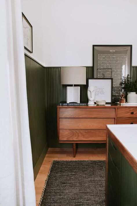 Hunter Green Wainscoting, Mid Century Wainscoting Ideas, Office With Dresser, Black Wainscoting Office, Mid Century Wainscoting, Mid Century Modern Wainscoting, Mid Century Green Bedroom, Green Mid Century Bedroom, Green Wainscoting Bedroom