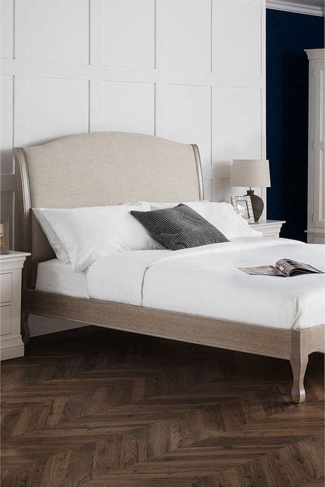 Camille Bed, Limed Oak, Oak Bed, Linen Headboard, Arched Headboard, Headboard Cover, Barn Interior, Oak Beds, White Bedside Table