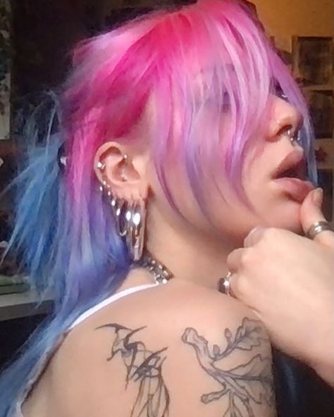 Color Hair Inspo Aesthetic, White And Pink Hair Aesthetic, Pink And Blue Hair Aesthetic, Blue Hair With Pink Tips, Pink And Blue Hair Dye Ideas, Cool Colored Hair Ideas, Pink And Blue Dyed Hair, Pink Blue And Black Hair, Pink And Blue Short Hair