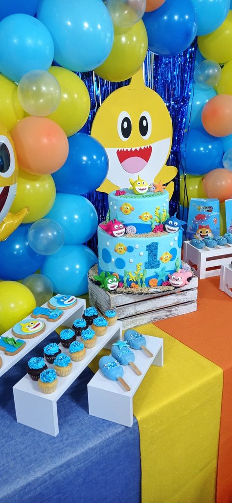 Shark Dessert Table, Baby Shark Dessert Table, Cupcake Decorating Party, Shark Birthday, Second Birthday, Bday Ideas, Baby Cake, Baby Shark, Dessert Table