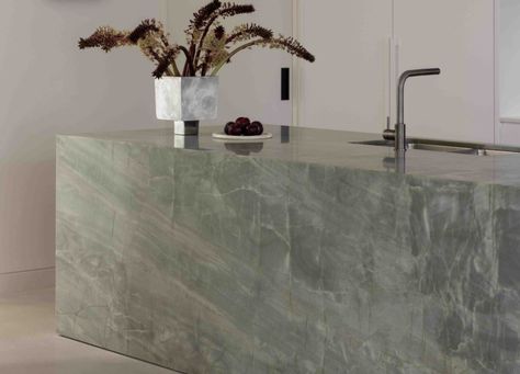 CDK Stone Emerald Haze Quartzite | est living Emerald Haze Quartzite, Green Quartzite Bathroom, Green Quartzite Kitchen, Quartzite Kitchen, Green Quartzite, Est Living, Splash Of Colour, Celadon Green, Boys Bathroom