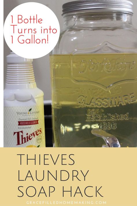 Want non-toxic laundry soap at a super low price? Check out this Thieves Laundry Soap Hack! It takes one bottle and turns it into one gallon! Diy Thieves Laundry Detergent, Thieves Laundry Detergent Recipe, Thieves Laundry Detergent Hack, Thieves Laundry Soap Hack, Young Living Laundry Detergent, Diy Laundry Detergent Liquid, Thieves Laundry Detergent, Cleaning Corner, Thieves Laundry Soap