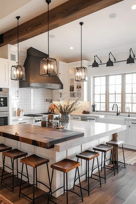 Upgrade Your Island: Farmhouse Kitchen Island Ideas - Quiet Minimal Kitchen Island With Lots Of Seating, Kitchen Island Into Dining Room, Big Island Kitchen Ideas, Kitchen Island With Seating For 8 Layout, Farmhouse Kitchen Breakfast Bar, Big Square Island Kitchen, Large Farmhouse Island Kitchen, Kitchen Design With Sink In Island, Waterfall Island Kitchen Farmhouse