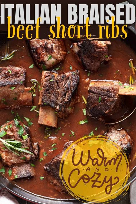 Pinterest pin for Italian braised beef short ribs. Ribs In Tomato Sauce, Braising Ribs Recipe, Italian Braised Beef, Beef Oxtail, Braised Beef Short Ribs, Beef Short Rib Recipes, Oxtail Recipes, Short Ribs Recipe, Mint Recipes