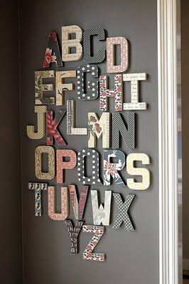 Scrapbook paper covered letters Abc Wall, Cardboard Letters, Alphabet Wall, Toy Rooms, Kid Spaces, Nursery Ideas, Kids' Room, Boy's Room, Letters And Numbers