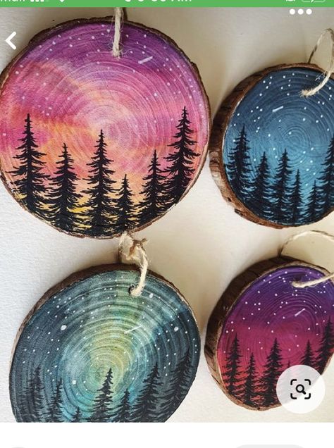 Painted Wood Slices, Black Pine Tree, Sky And Stars, Pine Tree Silhouette, Wood Slice Ornaments, Wood Slice Art, Wood Slice Crafts, Custom Ornaments, Watercolor Galaxy