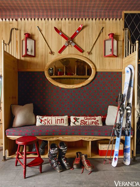 Ski Decor Ideas, Anthony Baratta, Ski Cabin Decor, Ski House Decor, Ski Room, Ski Lodge Decor, Lodge Design, Log Cabin Furniture, Log Home Interiors