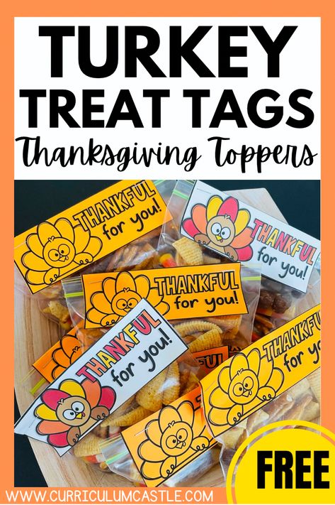 FREE “Thankful for You” turkey treat tags. Thanksgiving Day snack & gift idea. Turkey Treat Bags With Printable Tags, Thanksgiving Treat Bag Toppers, Thanksgiving Bag Toppers Free Printables, Thanksgiving Teacher Treats, Thanksgiving Student Gift Ideas, Thanksgiving Classroom Treats, Friendsgiving Snacks, Thanksgiving In The Classroom, Thanksgiving School Treats