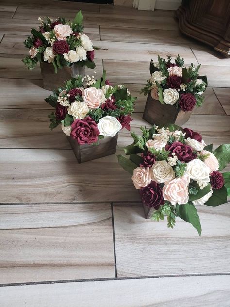 "Sola wood flower centerpieces arrangement sitting on a 6\"×6\"×6\" wooden box. Flowers are all sola wood flowers in off white, burgundy and blush. Greenery is a mixture of artificial and preserved. Made to order please allow 4-6 weeks for shipping" Burgundy And Dusty Rose Centerpieces, Elegant Rustic Wedding Table Decor, Wedding Centerpieces Maroon, Burgundy And Blush Wedding Reception, Burgundy Rustic Wedding Centerpieces, Burgundy Blush Centerpiece, Pink And Burgundy Centerpieces, Maroon Flower Arrangements, Burgundy And Blush Centerpieces