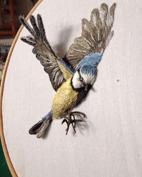 a bit scary though! Wings Diy, Embroidered Bird, Bird Wings, Pola Sulam, Bird Embroidery, Brazilian Embroidery, 자수 디자인, Silk Ribbon Embroidery, Hand Embroidery Art