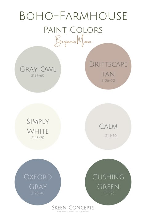 Add boho-farmhouse style to your home with these Benjamin Moore paint colors. Complete your boho-farmhouse home design with these colors. Farmhouse Boho Paint Colors, Farmhouse Paint Colors Interior 2023, Boho Home Paint Colors Interior, Boho House Paint Colors, Colors That Go With Grey Walls, Boho Farmhouse Bedroom Colors, Benjamin Moore Color Pallets, Farmhouse Pop Of Color, Benjamin Moore Colour Palettes