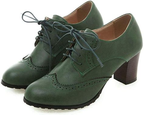 Amazon.com | Vimisaoi Women's Vintage Oxfords Brogues Wingtip Chunky Block Heel Shoes, Lace-up Perforated Stacked Pumps Dress Saddle Shoes Gift | Pumps Heeled Brogues, Vintage High Heels, Oxford Brogues, Saddle Shoes, Oxford Heels, Block Heel Shoes, Chunky Block Heels, Women Oxford Shoes, Leather High Heels