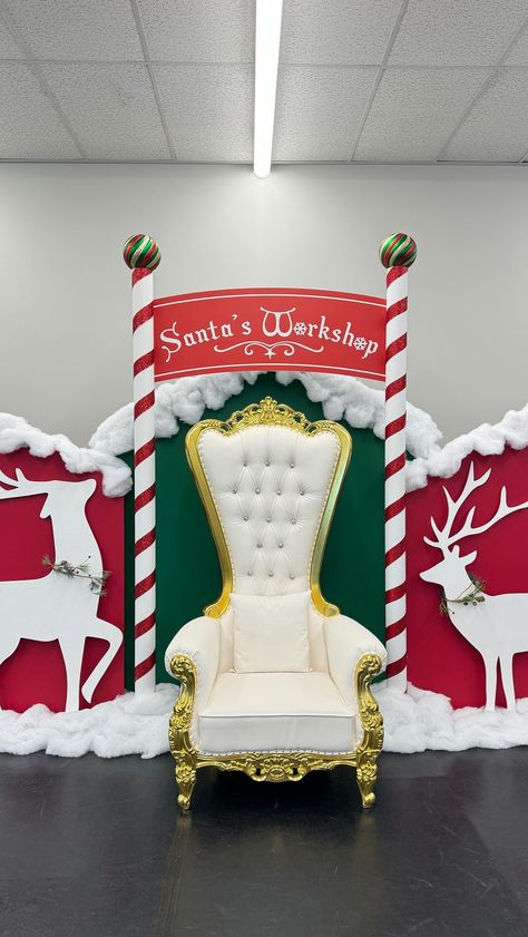 steven james design | tonight’s the night… the big man is comin to town. throwing back to @hartacademy’s santa’s workshop event where we made a special place for... | Instagram Santa’s Workshop Float Ideas, Santa Photo Booth Ideas, Santa's Workshop Party Decorations, Santa Throne Diy, Santa Meet And Greet Ideas, Santa Backdrop Ideas, Santa’s Workshop Cubicle Decorations, Santa Set Up For Pictures, Santa’s Workshop Design