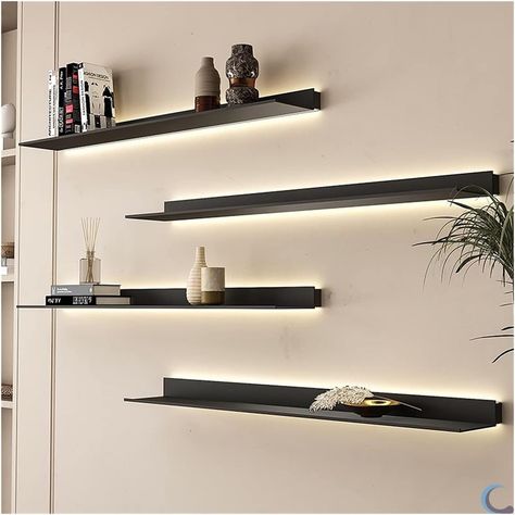 Floating Shelf with LED White Light ,1PCS Black Display Shelf withLampshade，Wall Mounted Entrance Bar Countertop Living Room Bathroom ,/Show Shelves L: 80/100/120CM ( Color : Black , Size : 120x20CM ) : Amazon.co.uk: Home & Kitchen Led Lights On Shelves, Black Floating Shelves Kitchen, Modern Shelving Ideas, Show Shelves, Lighted Shelves, Shelf Lights, Floating Shelves With Lights, Bar Countertop, Custom Floating Shelves