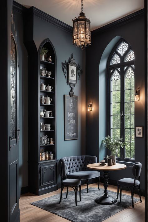 Gothic coffee nook filled with elegant decor and dark tones, perfect inspiration for creating a unique coffee corner. Uses one captivating image. Dark Gothic Interior Design, Gothic Home Inspiration, Gothic Contemporary Interior, Gothic Decor Ideas, Dark Theme House, Gothic Coffee Shop, Dark Vintage Home Decor, Scandinavian Gothic, Neo Gothic Interior Design