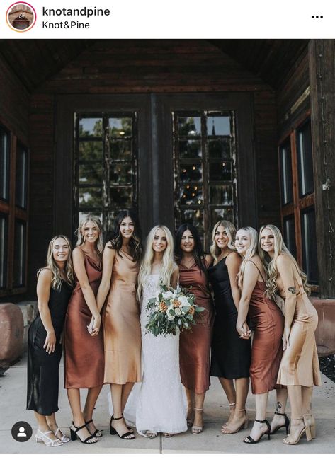 Tawny Bridesmaid Dress, Black And Copper Bridesmaid Dresses, Brown Brides Made Dresses, Bridesmaid Dresses For Tan Skin, Brown Wedding Colors Bridesmaid Dress, Bridesmaid No Flowers, Black And Rust Bridesmaid Dresses, Fall Wedding Multi Color Bridesmaid Dresses, Different Tone Bridesmaid Dresses