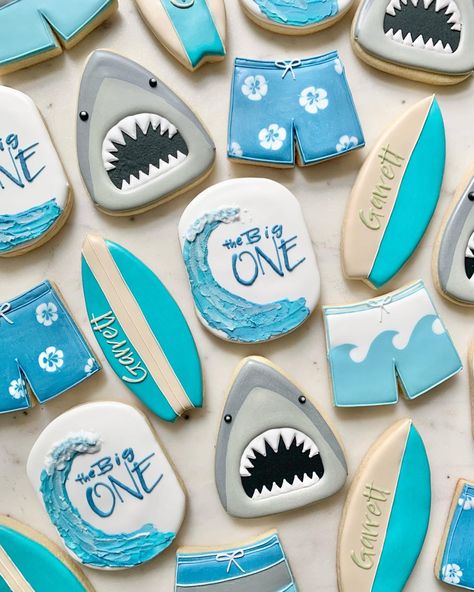 The Big One first birthday cookies Summer Boy First Birthday Theme, The Big One Surf Birthday Pictures, The Big One 1st Birthday Party, Big Wave First Birthday, Its Cool To Be One Birthday, Shark Themed 1st Birthday Party, One Big Wave Birthday, Surf Themed First Birthday, The Big One Surf Cookies