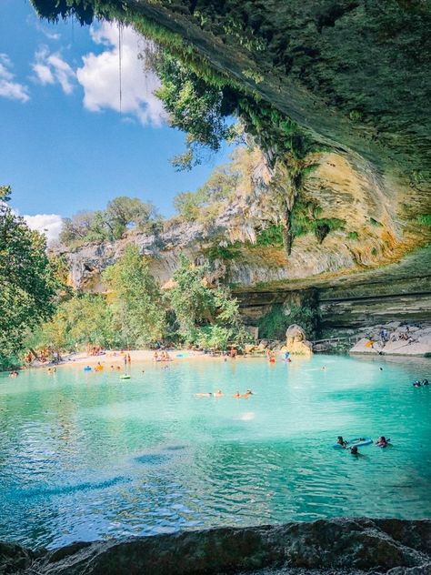 Traveling to Texas? From natural springs to mysterious Caribbean blue waters, explore the top Texas swimming holes and secret swimming spots across the Lone Star State. The chilly waters of natural swimming pools are a sweet relief from the raging Texas sun and the zen energy is unmatched. Blue Hole Texas Wimberly, Jacobs Well Texas, Caddo Lake State Park, Texas Nature, Canyon Lake Texas, Pedernales Falls State Park, Texas Swimming Holes, Texas Sun, Hamilton Pool