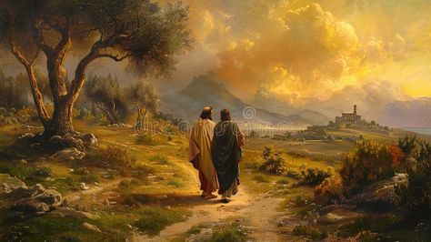 The encounter on the road to Emmaus, with Jesus walking and conversing with two disciples, with a royalty free stock photo The Road To Emmaus, Road To Emmaus, Jesus Walking, The Encounter, Landscape Background, Scenic Landscape, On The Road, The Road, A Photo