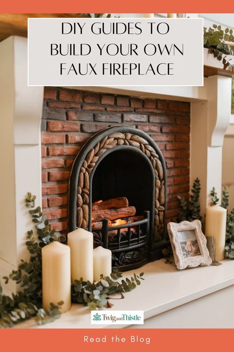 How To Build A Fake Fireplace, Faux Brick Fireplace Diy, Fake Fireplace Ideas Diy Cardboard, Diy Fake Fireplace, Fake Fireplace Cardboard, How To Make A Fire Place Out Of Cardboard, Faux Fireplace Diy Cardboard, Diy Fireplace Fake Cardboard Boxes, Farm House Faux Fireplace