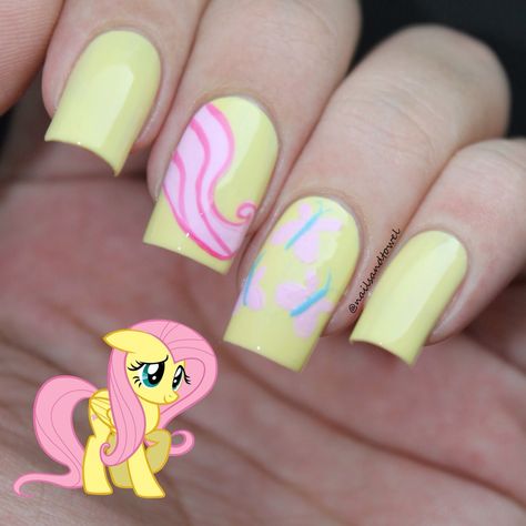 Fluttershy. Details on  www.katys21j.blogspot.com Harry Potter Nails Designs, Lily Nails, Kids Nail Designs, Nail Art Stripes, Cute Nail Art Designs, White Nail Designs, Nails For Kids, Disney Nails, Rainbow Nails