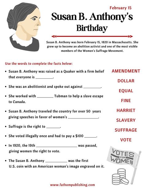 Learn more about Susan B. Anthony with this free printable worksheet. #SusanBAnthony #freeprintables #women'srights Women History Month Activities, Social Studies Education, Suffrage Movement, Susan B Anthony, Free Printable Activities, Children's Activities, Color Pages, Word Searches, Printable Activities For Kids