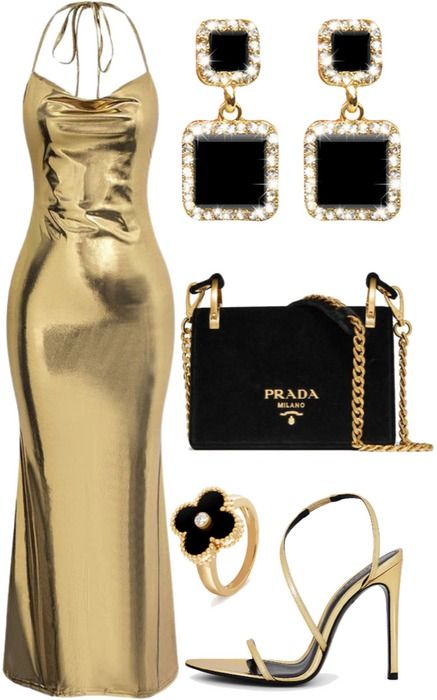 gold black event styling 🖤 Outfit | ShopLook Cocktail Theme Outfits, Gold Dress Outfit Shoes, Black And Gold Outfit Casual, Black And Gold Outfit Parties, Black And Gold Party Outfit, Gold Heels Outfit, Black Prada Bag, Black And Gold Ring, Gala Attire