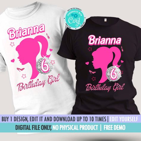 Barbie Birthday Shirt Kids, Barbie Birthday Shirt Ideas, Barbie Birthday Shirt, Tshirt Design Template, Birthday Shirt Ideas, 6th Birthday Girls, Sequin Leotard, Barbie Party Decorations, Barbie Birthday Party