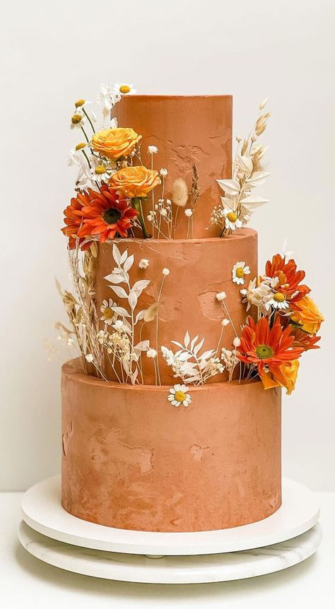 Beautiful 50+ Wedding Cakes to Suit Different Styles : Terracotta Autumn 3 Tiers Orange Wedding Cake, Southwestern Wedding, Colorful Wedding Cakes, Boho Cake, Wedding Table Designs, Floral Wedding Cake, Fall Wedding Cakes, Fashion Cakes, Wedding Cake Inspiration