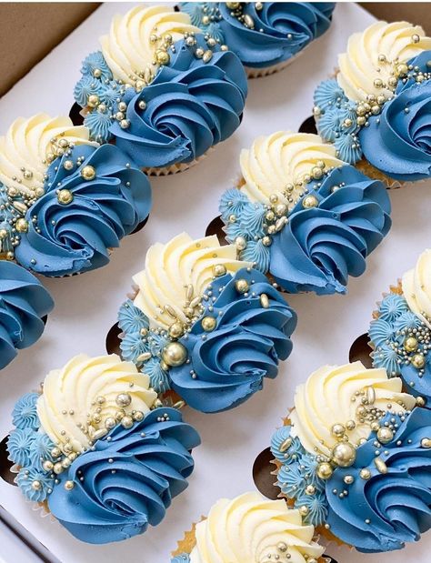 Blue Dessert Table, Blue Wedding Cupcakes, Fathers Day Cupcakes, Christening Cake Boy, Elegant Cupcakes, Cake Decorating Icing, Gold Cupcakes, Cupcakes For Boys, Blue Cupcakes