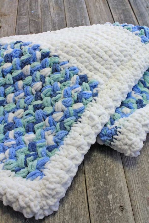 Easy to Make: Seaway Chenille Crochet Baby Blanket Pattern - A More Crafty Life Borders For Chunky Blankets, Crochet Blanket Borders Chunky Yarn, Bernat Baby Blanket Yarn Patterns, Chunky Baby Blanket Crochet Pattern, Crochet Baby Blanket Borders, Bernat Blanket Patterns, Cozy Crochet Blanket, Scrubby Pattern, Chenille Crochet