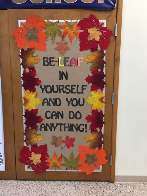 Fall Ideas For Door Decorations, Fall Themed Door Decorations Classroom, Fall Breakroom Decor, Fall Door Decorations Classroom Contest, Autumn Door Display, Fall Ideas For Classroom, Fall Door Decorations Classroom High School, October Office Decorations, Fall Door Contest Ideas