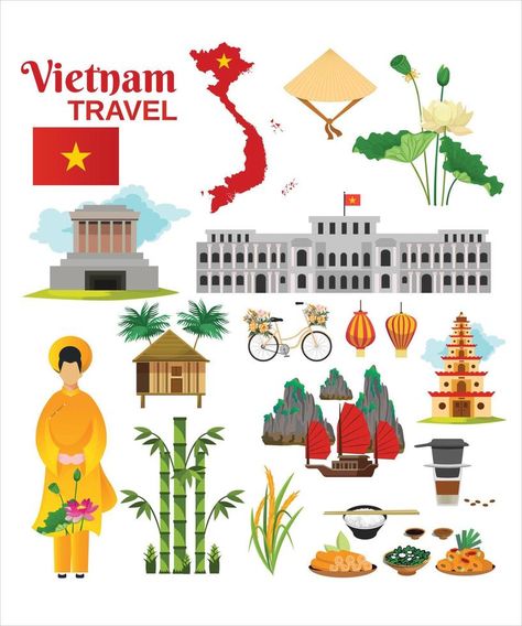 Travel to Vietnam. Set of traditional Vietnamese cultural symbols. Vietnamese landmarks and lifestyle of Vietnamese people Vietnam Party, Vietnam Drawing, Vietnam Art Design, Vietnam Aesthetic, Travel To Vietnam, Vietnam Culture, Vietnam Map, Vietnam Country, Vietnamese Culture