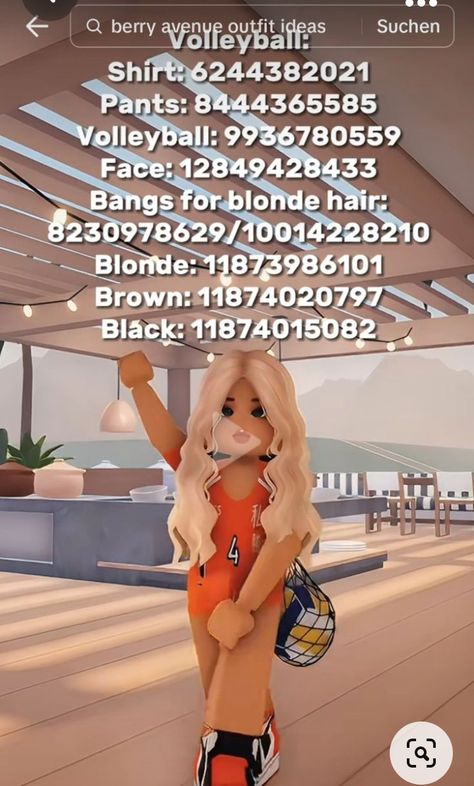 Volleyball Codes Berry Ave, Bloxburg Volleyball Outfit Codes, Roblox Blonde Hair Codes, Roblox Codes For Clothes, Picture Decals, Roblox Outfit Codes, Roblox Hacks, Hair Roblox, Code Clothes