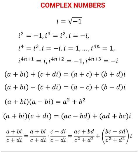 Reference sheet that exemplifies how an imaginary unit is derived and how to simplify imaginary numbers #ImaginaryNumbersCheatSheet Complex Numbers Formulas, Imaginary Numbers Math, Complex Numbers Math, Imaginary Numbers, Math Formula Chart, Algebra Formulas, Teaching Math Strategies, Numbers Worksheet, Complex Numbers