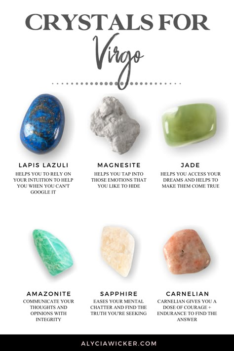 The best crystals for Virgo are Lapis Lazuli, Magnesite, Jade, Amazonite, and Carnelian. They'll help you in practical pursuits of knowledge. #healingcrystals #crystals #astrology #virgo Crystals For Virgos, Virgo Crystals And Stones, Virgo Crystals Stones, Crystals For Virgo, Crystals Astrology, Magnesite Crystal, Virgo Crystals, Virgo Gemstone, Virgo Birthstone