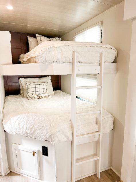 Heartland Wilderness RV Bunks Top Bunk Ideas, Camper Bunk Bed Ideas, Rv Bunk Beds Ideas, Camper Bunk Beds, Rv Bunk Beds, All White Bedroom, Double Bunk Beds, Bottom Bunk, Rv Renovation