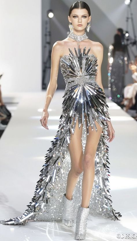 Fashion Show Garments, Futuristic Ballgown, Fashion Show Dresses Runway, Couture Swimwear, Spiral Dress, Dress With Wings, Feather Corset, Fashion Couture, Stage Dress