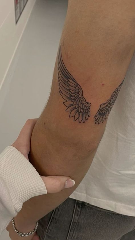 Men Angel Wing Tattoo, Angel Wing Tattoos Men, Angel Wing Elbow Tattoo, Angel Wings Men Tattoo, Under Elbow Tattoo Men, Angel Wing Tattoo With Dates, Small Hand Tattoo Ideas For Men, Moon And Stars Tattoo Men, Angel Wing Tattoo Men