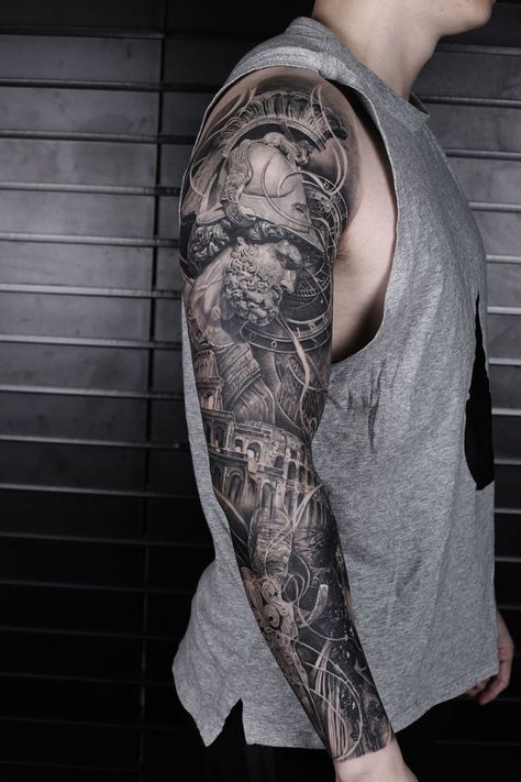 Realistic Full Sleeve Tattoo, One Arm Sleeve Tattoo Men, Full Sleeves Tattoos For Men, Roman Sleeve Tattoo Men, Mens Black And Grey Sleeve Tattoo, Full Sleeve Black And Grey Tattoo, Greek God Tattoo Sleeve Men, Men Greek Tattoos, Greek Mythology Full Sleeve Tattoo