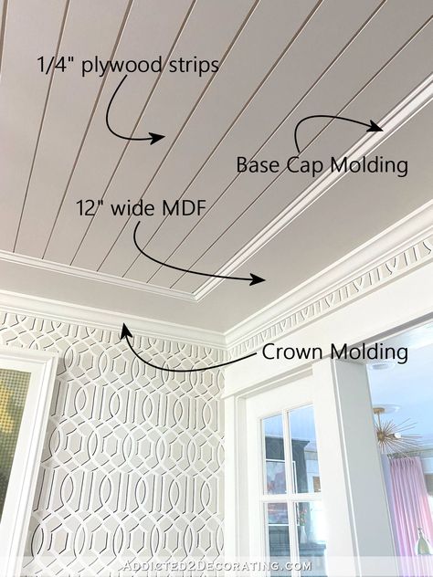 Farmhouse Crown Molding Ceilings, Ceiling Trim Molding, Bathroom Crown Molding, Farmhouse Crown Molding, Repurpose Old Windows, Ceiling Molding Ideas, Crown Molding Ideas, Crown Molding Vaulted Ceiling, Ceiling Remodel