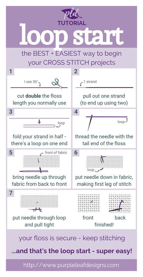 Loop Start Tutorial ◦ easily begin cross stitch projects • Purple Leaf Designs Cross Stitch Loop Start, Loop Start Cross Stitch, Biscornu Cross Stitch Pattern, Starting Cross Stitch, How To Finish A Cross Stitch Project, Beginning Cross Stitch, Cross Stitch Tutorial Beginning, Cross Stitch Tapestry Pattern, How To Finish Cross Stitch Projects