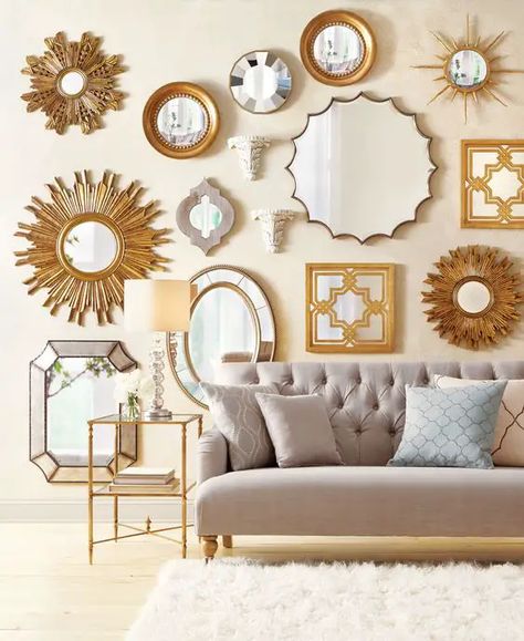 Mirror Gallery Wall Ideas, Mirror Collage Wall, Gallery Wall Items, Wall Decor Living Room Apartment, Mirror Collage, Mirror Wall Collage, Mirror Gallery Wall, Wall Collage Decor, Apartment Wall Decor