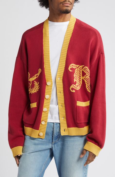 Retro Cardigans, Varsity Cardigan, Fall Forward, Gold Jacket, Golf Wang, Cardigan Knit, Easy Trendy Outfits, Red Top, Sweater Jacket